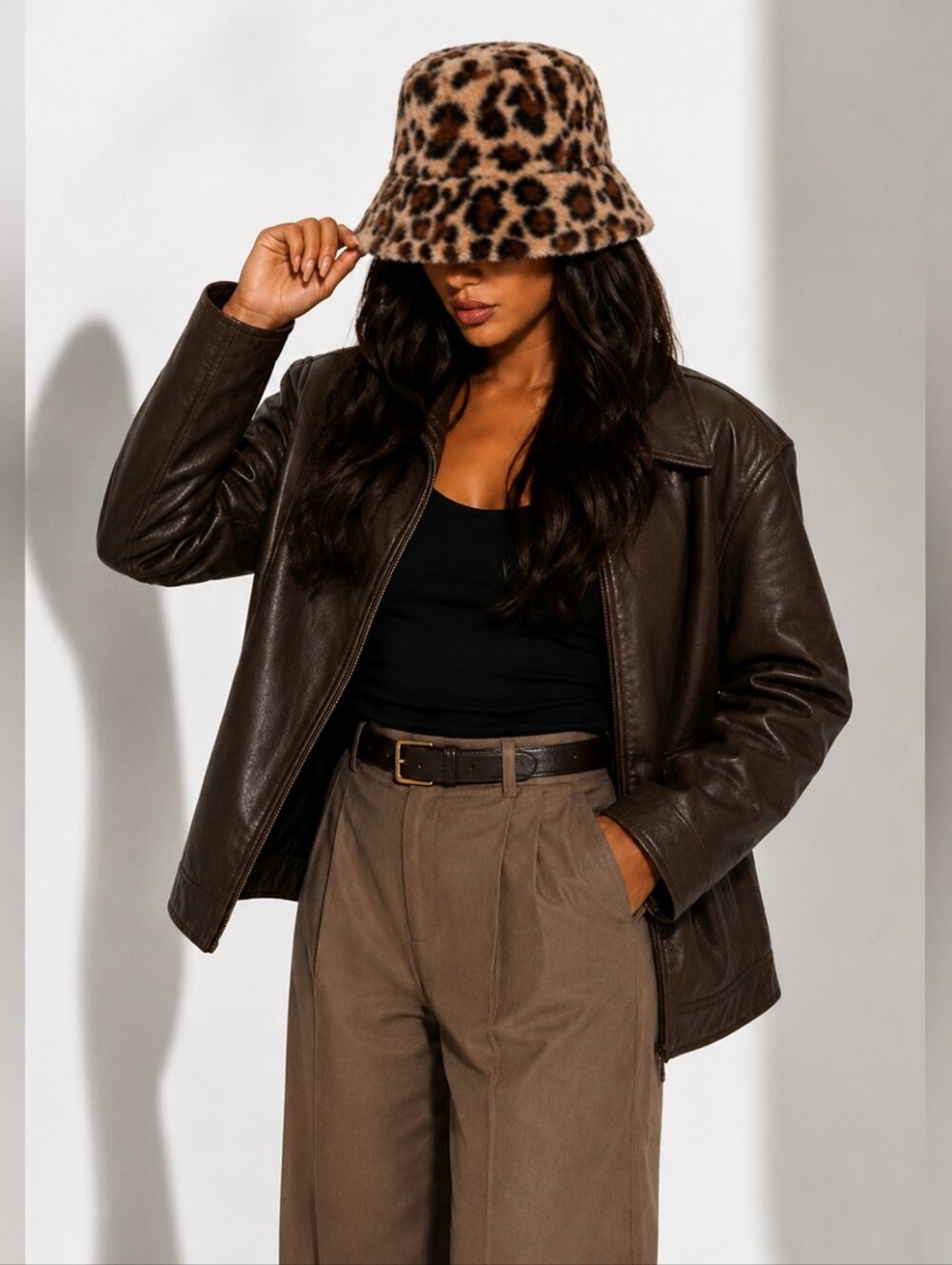 Fuzzy Leopard Print Faux Fur Bucket Hat | Brown Tan Animal Print - Picture 2 of 9